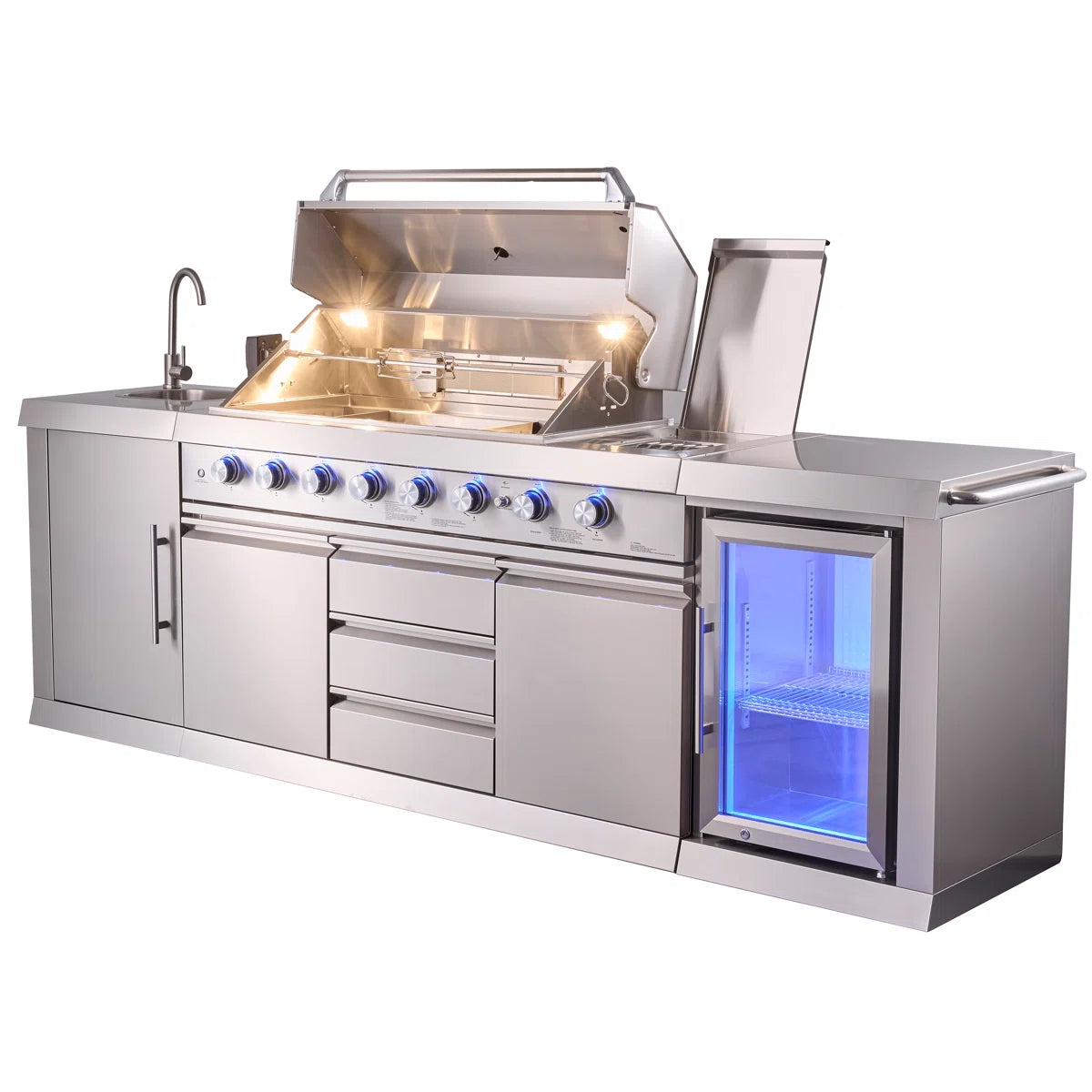 6-Burner Propane Gas Grill Island with Rotisserie and Outdoor Rated Refrigerator and Sink in Stainless Steel