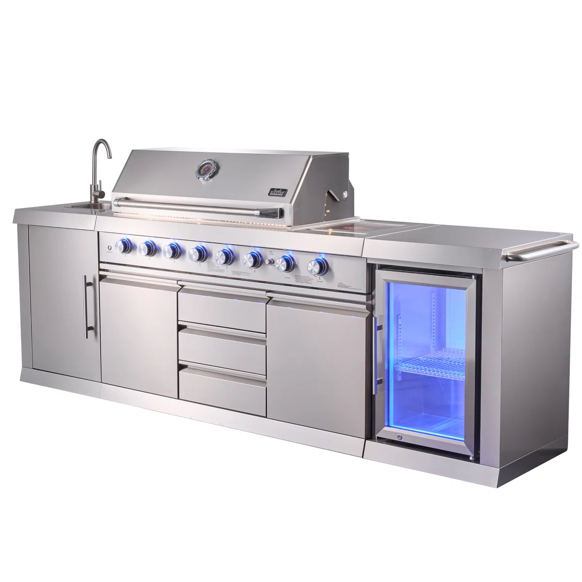 6-Burner Propane Gas Grill Island with Rotisserie and Outdoor Rated Refrigerator and Sink in Stainless Steel